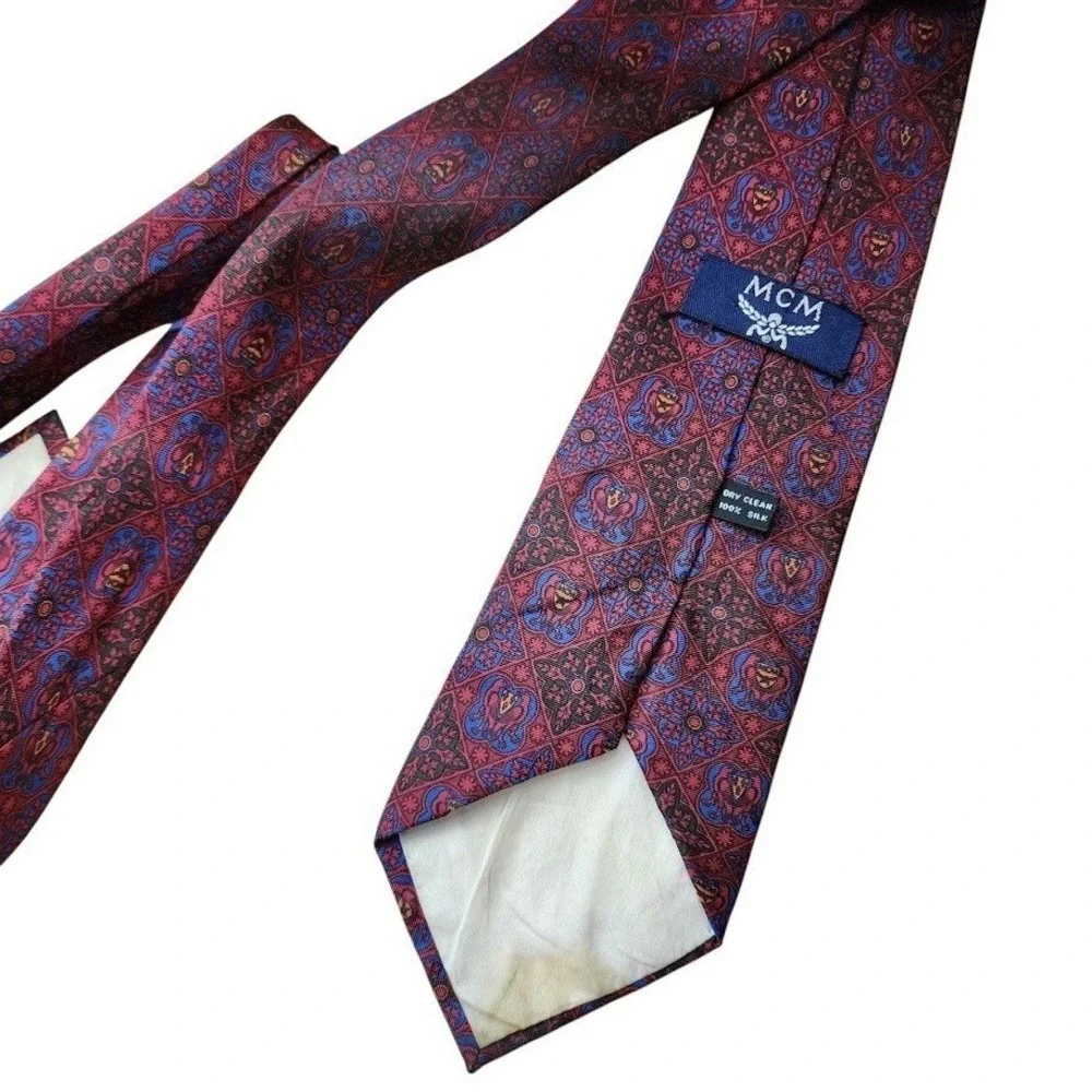 MCM‎ VINTAGE Silk Geometric Baroque floral bird print Tie